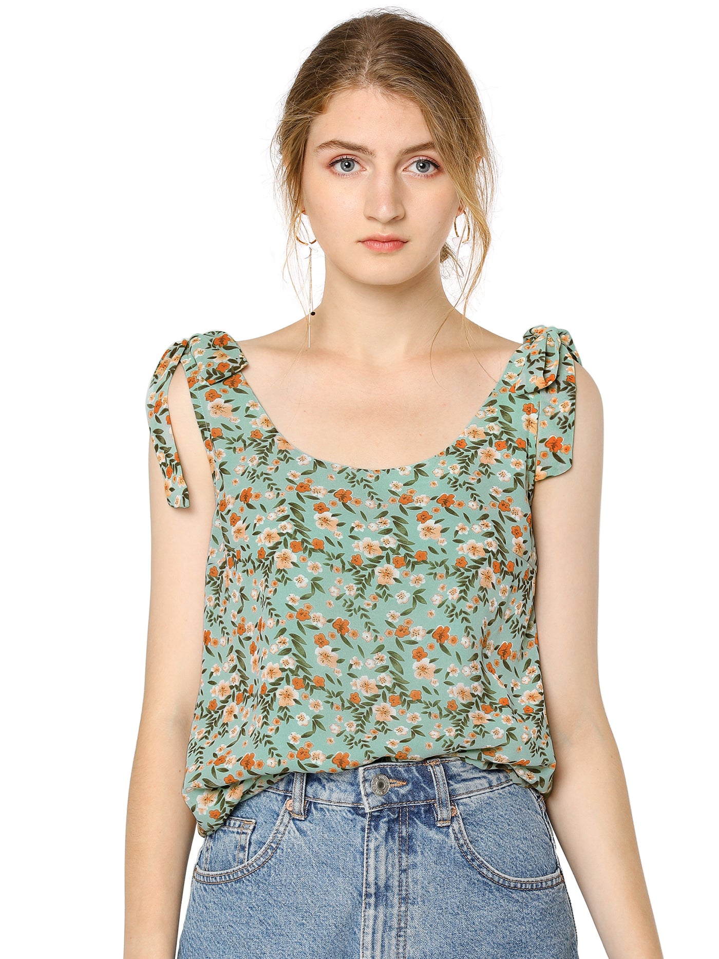 Allegra K Boho Floral Print Casual Chiffon Tie Shoulders Tank Top