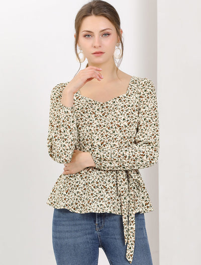 Long Sleeve Square Neck Belted Peplum Floral Top Blouse