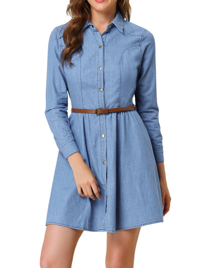 Denim Button Down Belted Pleated Flare A-line Shirt Dress