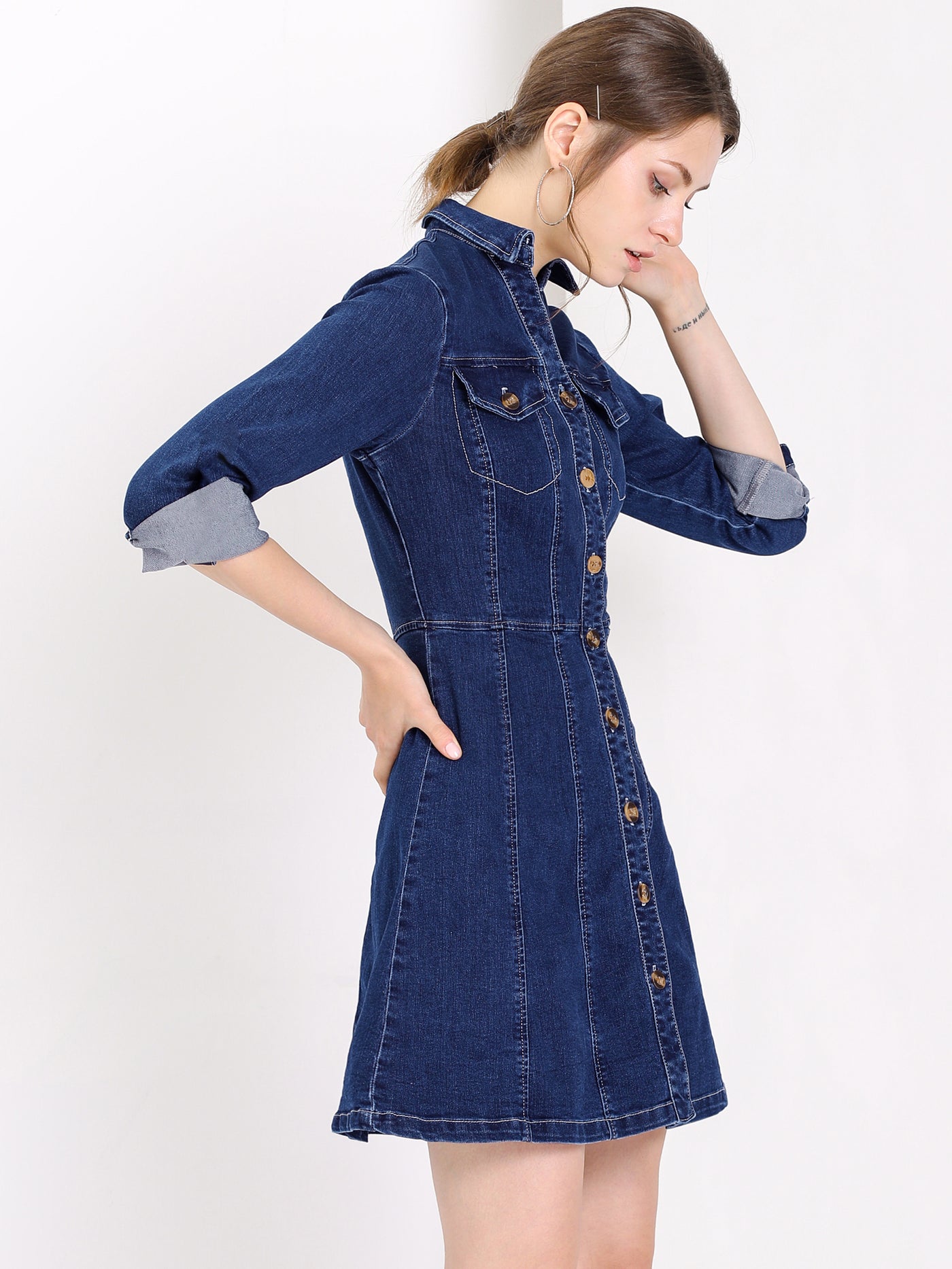 Allegra K Button Down Collar V Neck Long Sleeve A-line Jean Denim Dress