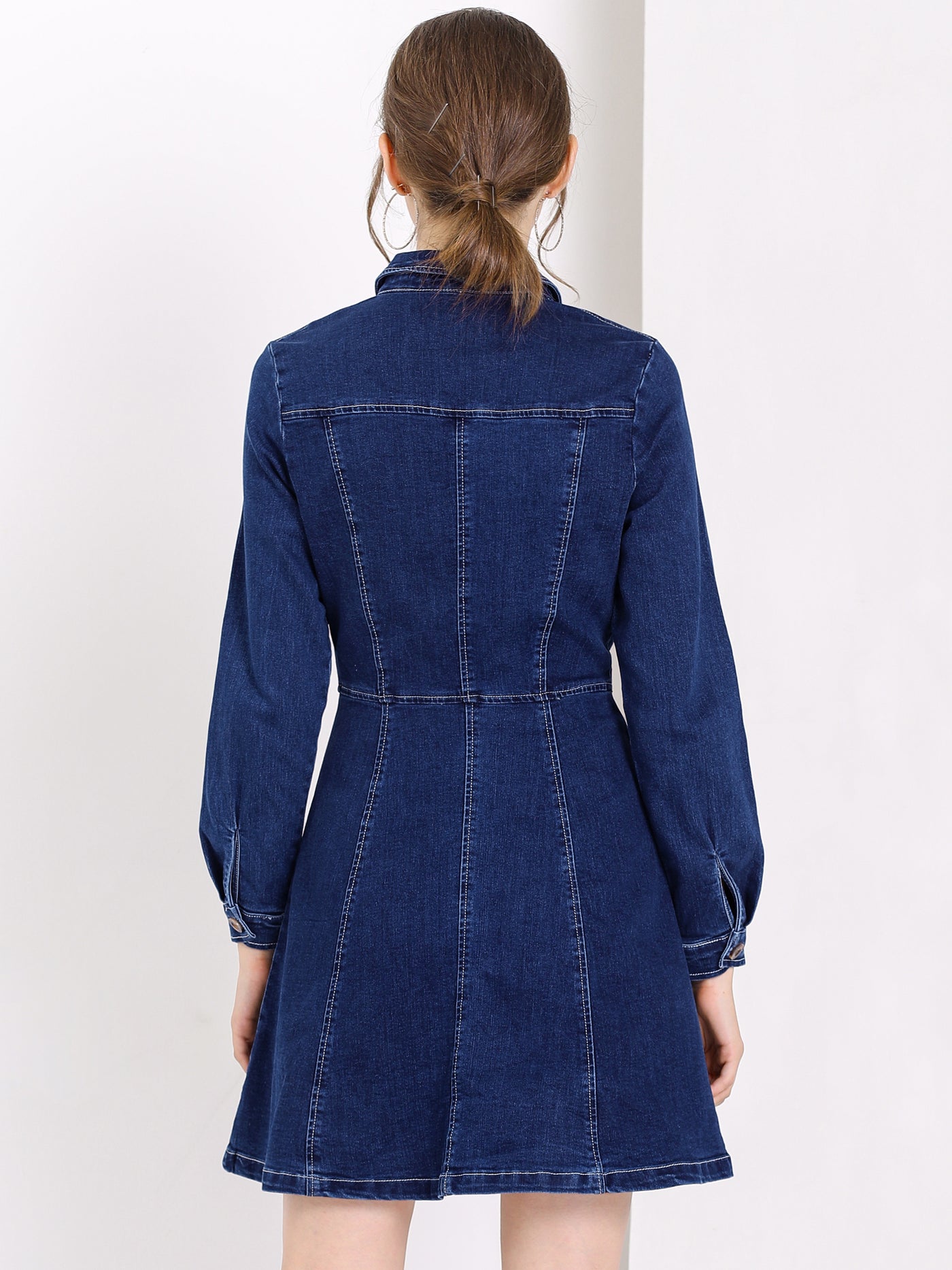 Allegra K Button Down Collar V Neck Long Sleeve A-line Jean Denim Dress