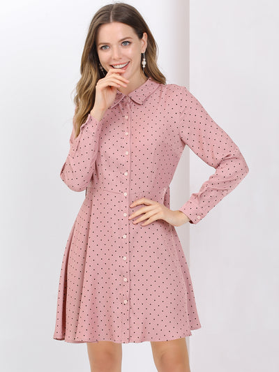 Button Down Long Sleeve Tie Waist Polka Dots Belted Shirt Dress