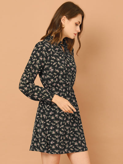 Floral Ruffle Tie Neck Puff Sleeve Vintage Dress