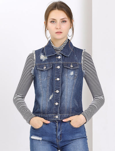 Lapel Button Closure Sleeveless Washed Distressed Denim Vest