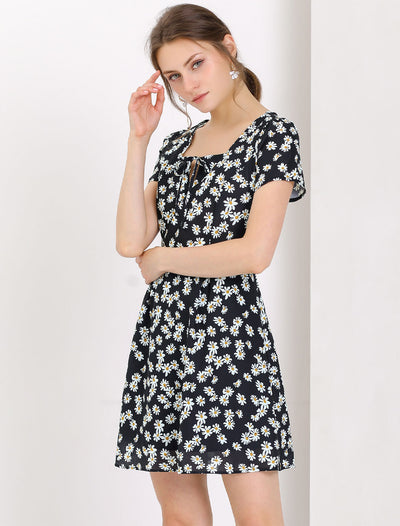 Printed Casual Square Neck Short Sleeve A-Line Dress