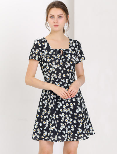 Printed Casual Square Neck Short Sleeve A-Line Dress