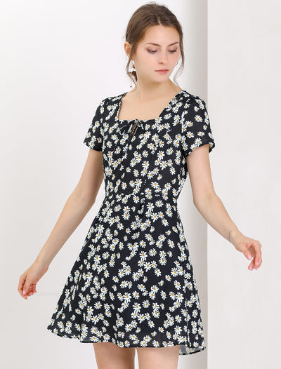 Printed Casual Square Neck Short Sleeve A-Line Dress