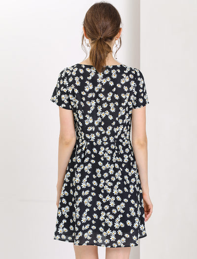 Printed Casual Square Neck Short Sleeve A-Line Dress