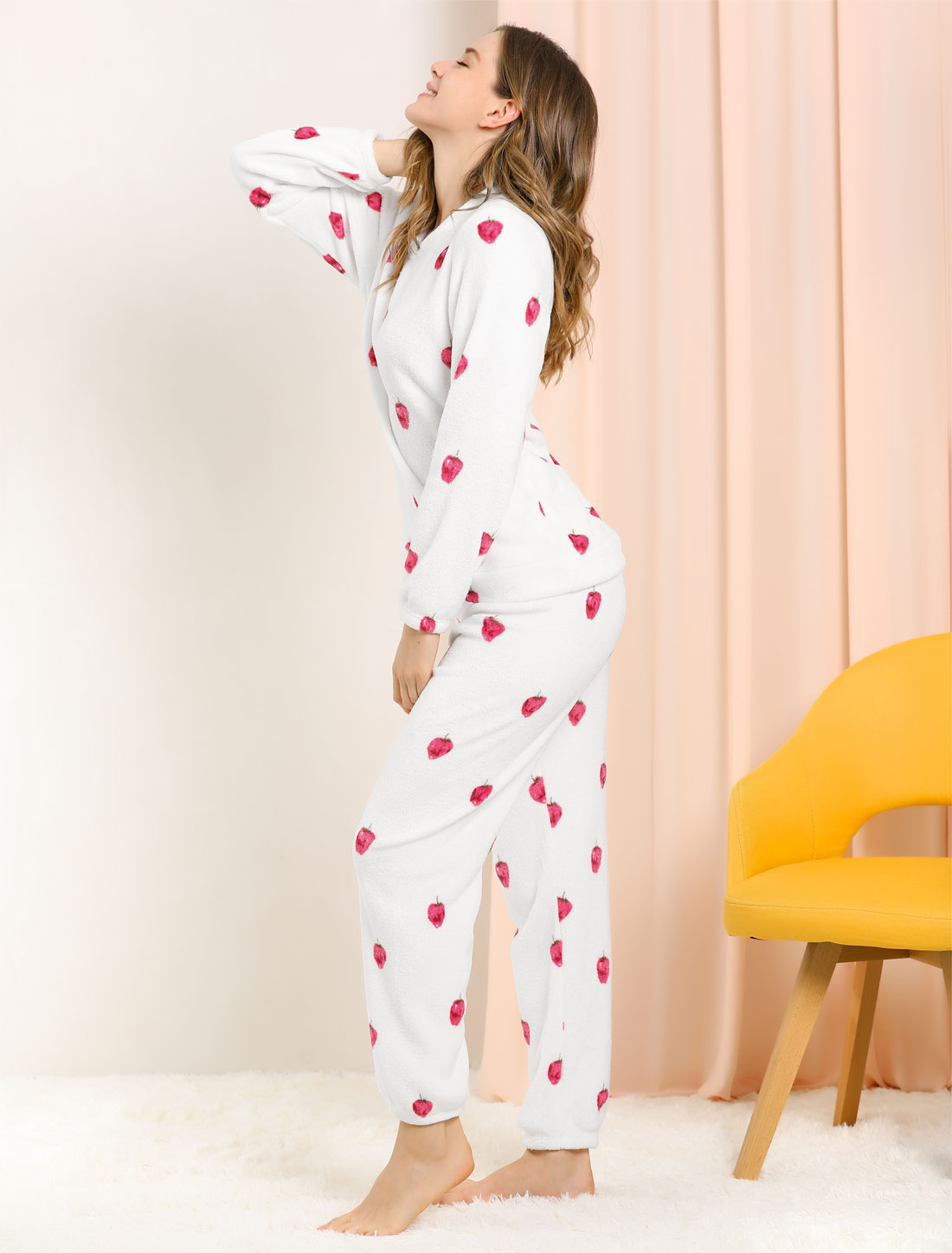 Allegra K Cute Printed Long Sleeve Nightwear Flannel Pajama Sets Sleepwears