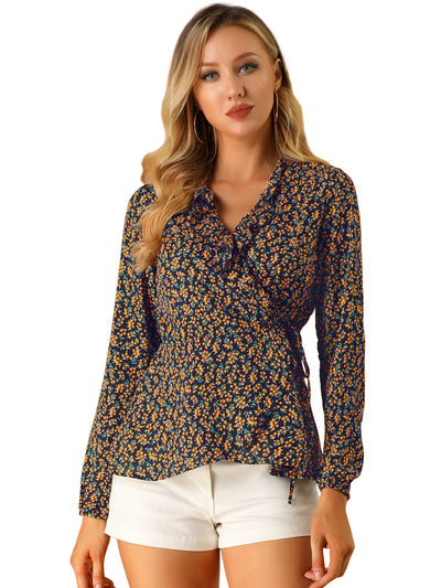 Floral V Neck Wrap Top Long Sleeve Tie Waist Ruffle Peplum Blouse