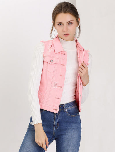 Lapel Button Closure Sleeveless Washed Distressed Denim Vest