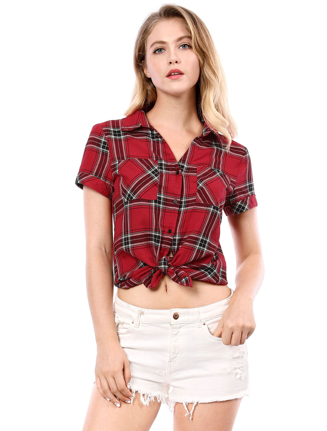 Allegra K Button Down Cotton Classic Western Plaid Shirt