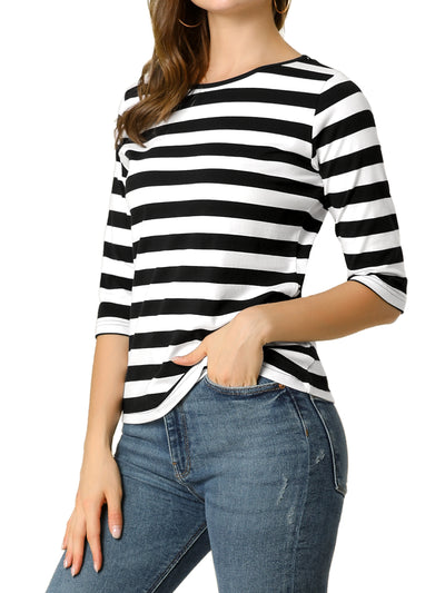 Striped Elbow Sleeve Round Neck Casual T-Shirt