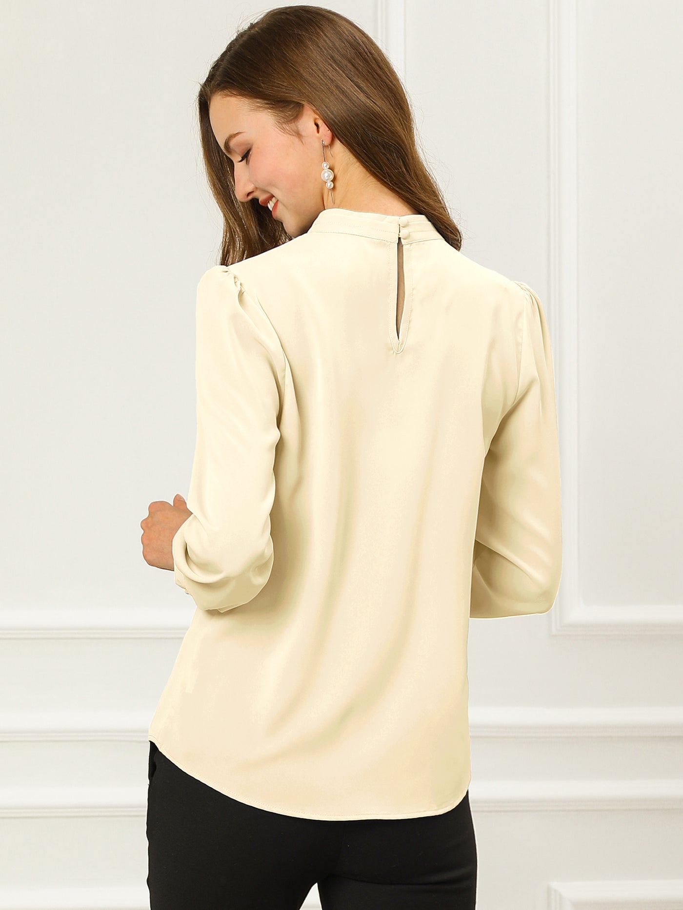 Allegra K Keyhole Elegant Stand Collar Long Sleeve Chiffon Office Blouse