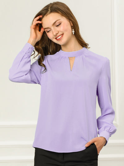 Keyhole Elegant Stand Collar Long Sleeve Chiffon Office Blouse