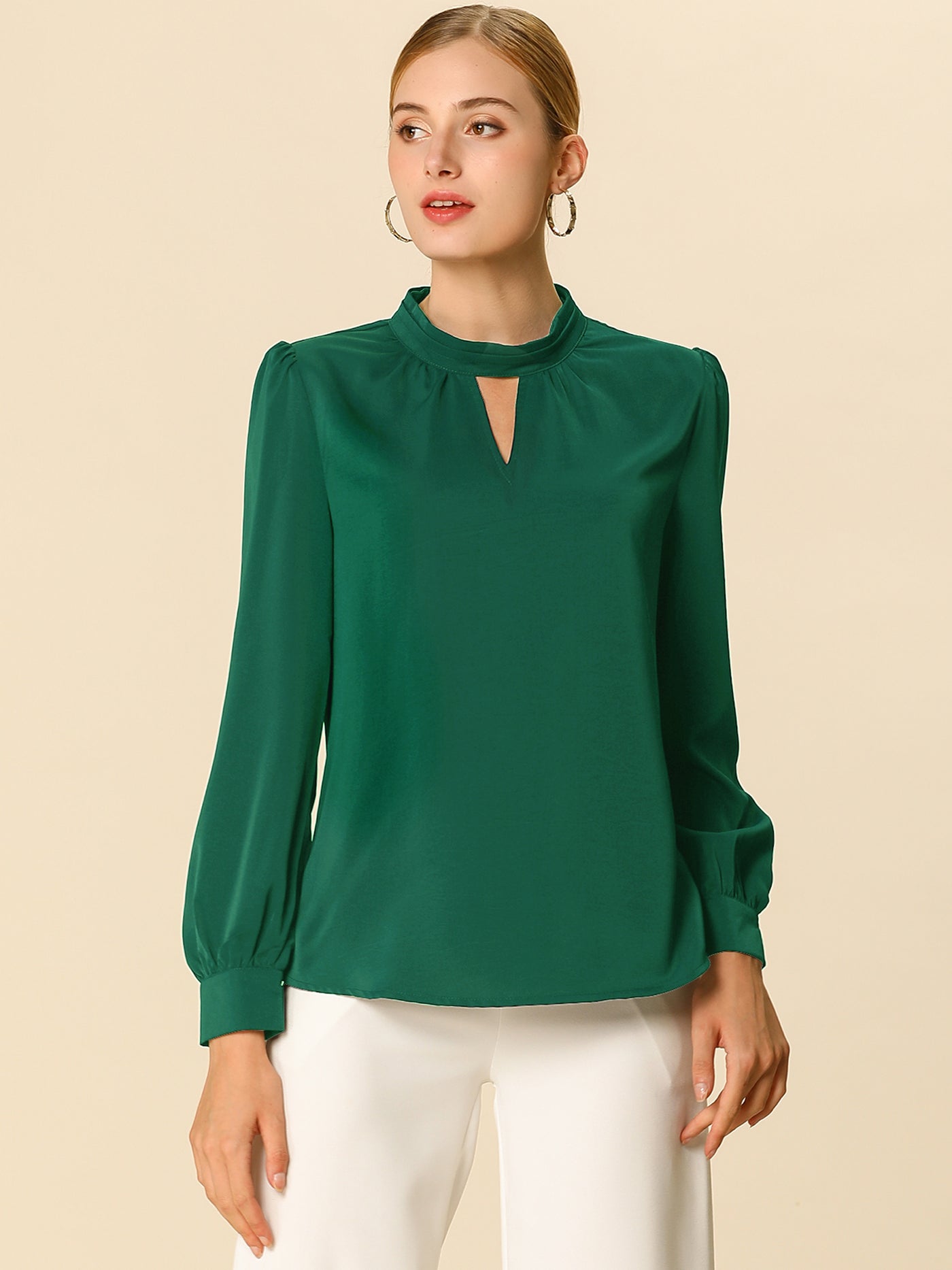 Allegra K Keyhole Elegant Stand Collar Long Sleeve Chiffon Office Blouse