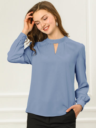 Keyhole Elegant Stand Collar Long Sleeve Chiffon Office Blouse