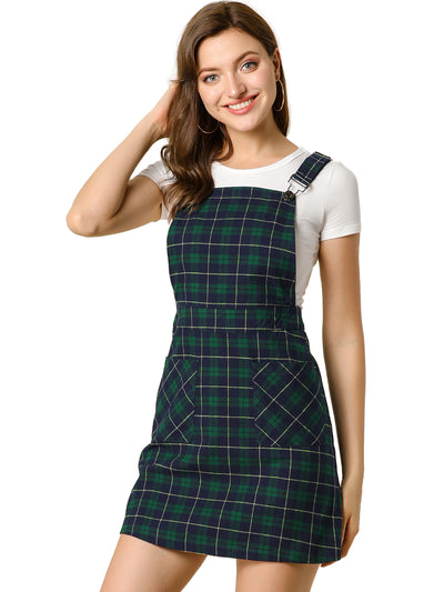 Adjustable Strap Above Knee Plaid Printed Overall Suspender Skirt