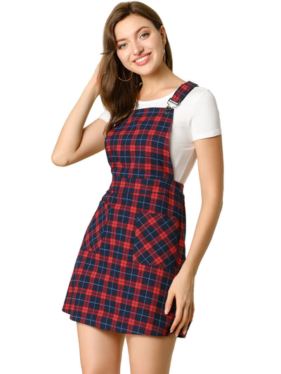 Adjustable Strap Above Knee Plaid Printed Overall Suspender Skirt