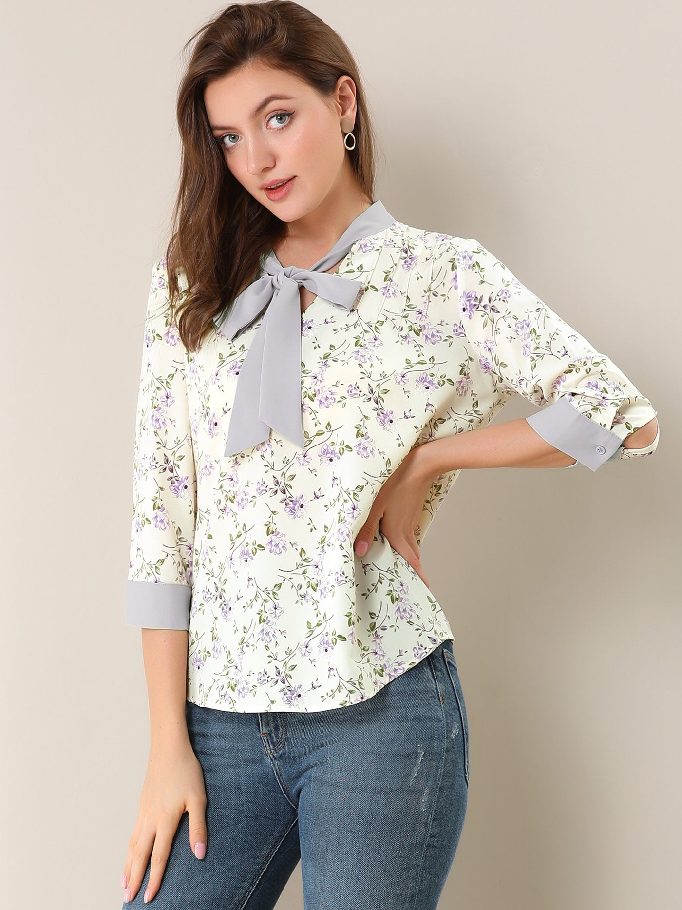 Allegra K Floral Tops Bow Tie V Neck Contrast Trim 3/4 Sleeve Vintage Blouse