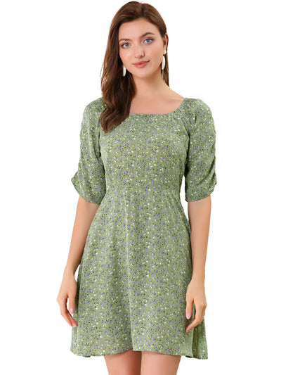 Smocked Puff Sleeve Square Neck A-Line Weekend Dress