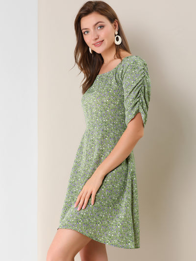 Smocked Puff Sleeve Square Neck A-Line Weekend Dress