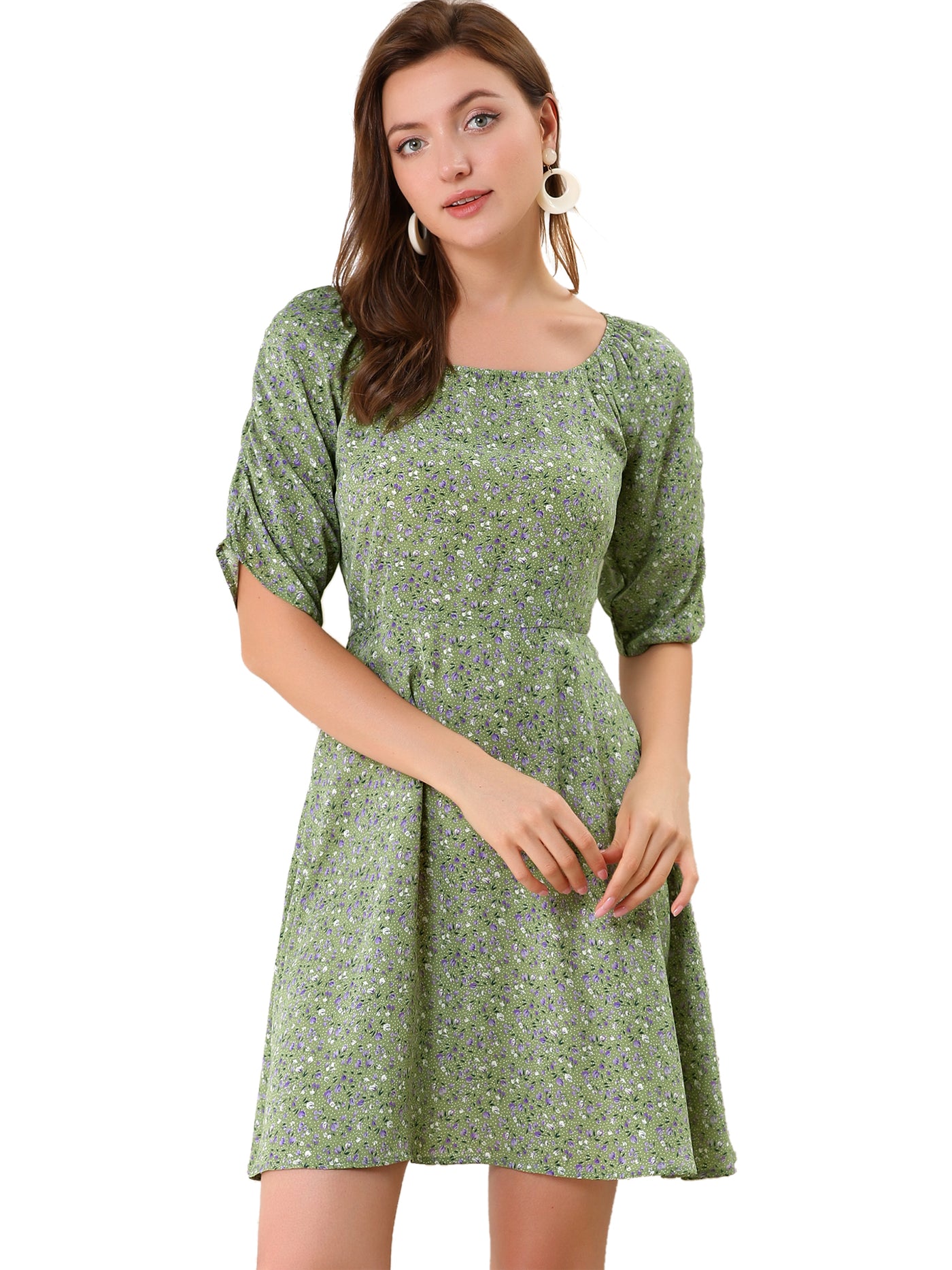 Allegra K Smocked Puff Sleeve Square Neck A-Line Weekend Dress