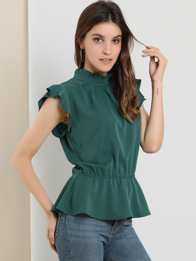 Stand Collar Pleated Frilled Ruffles Solid Sleeveless Peplum Top