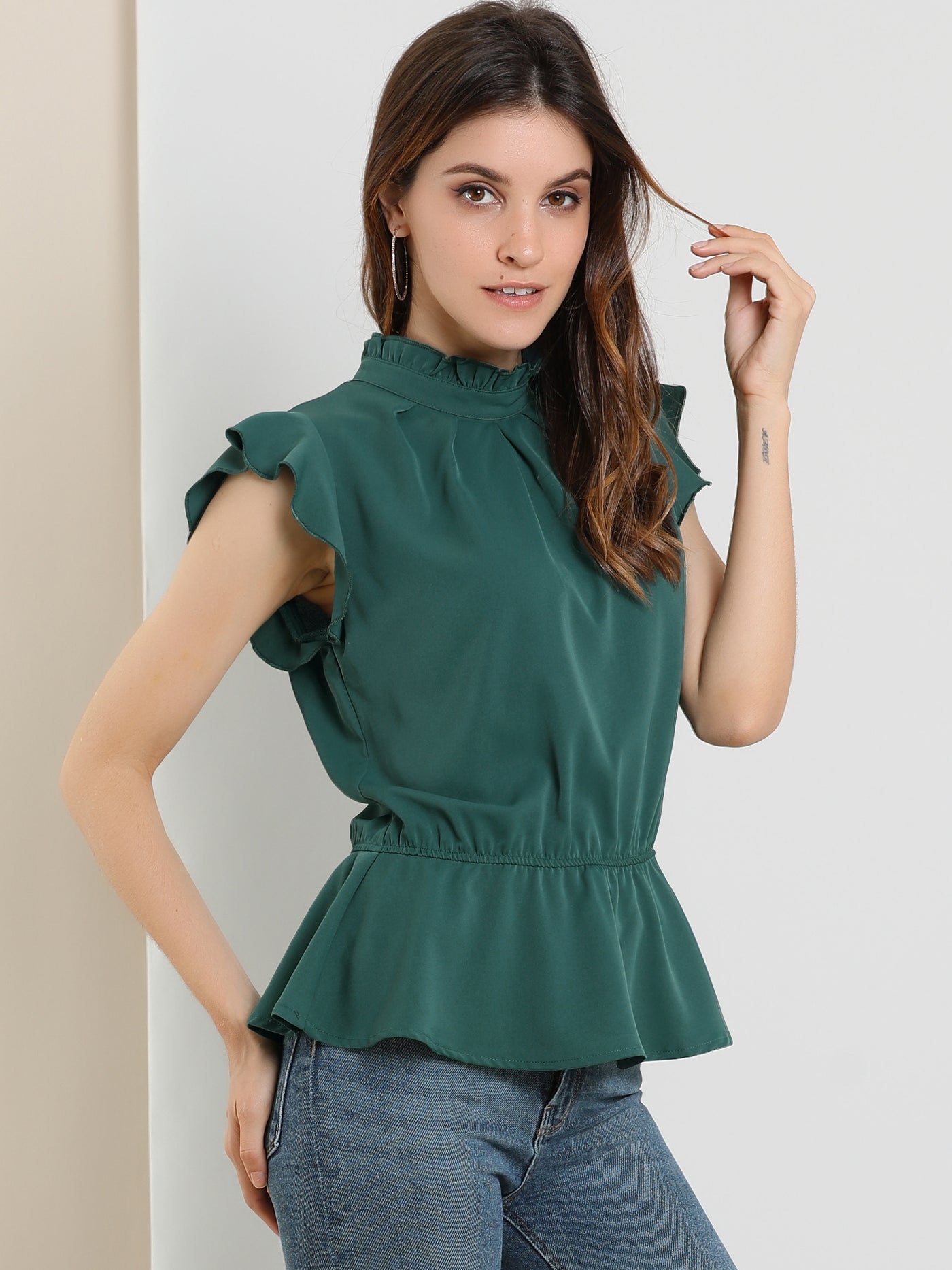 Allegra K Stand Collar Pleated Frilled Ruffles Solid Sleeveless Peplum Top