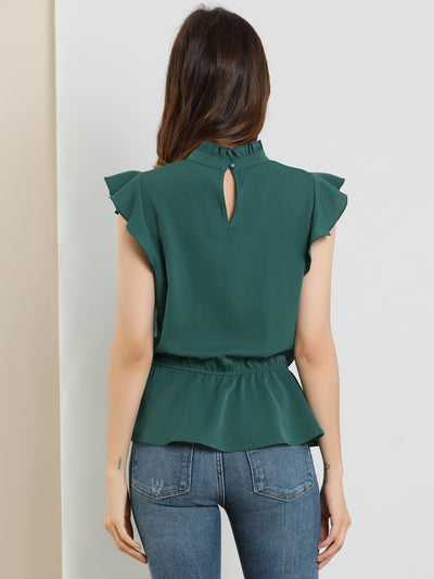 Stand Collar Pleated Frilled Ruffles Solid Sleeveless Peplum Top