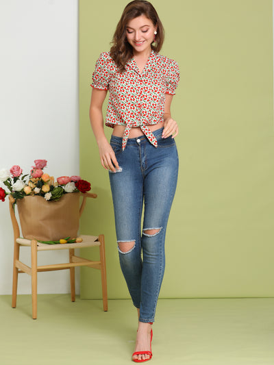 Peasant Floral Button-Down Shirt Tie Front Knot Puff Sleeve Crop Top