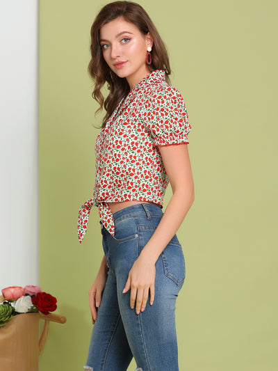 Peasant Floral Button-Down Shirt Tie Front Knot Puff Sleeve Crop Top
