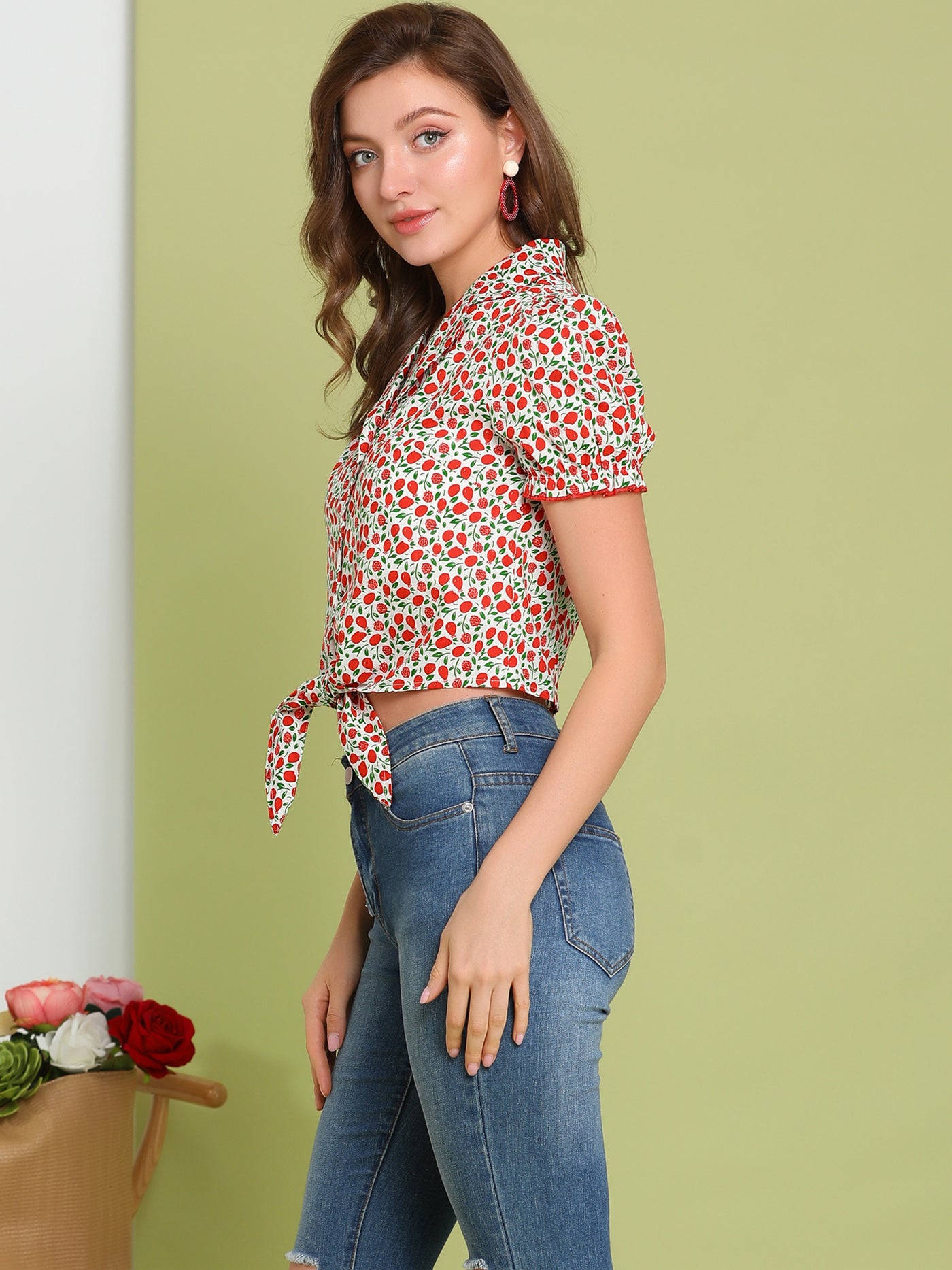 Allegra K Peasant Floral Button-Down Shirt Tie Front Knot Puff Sleeve Crop Top