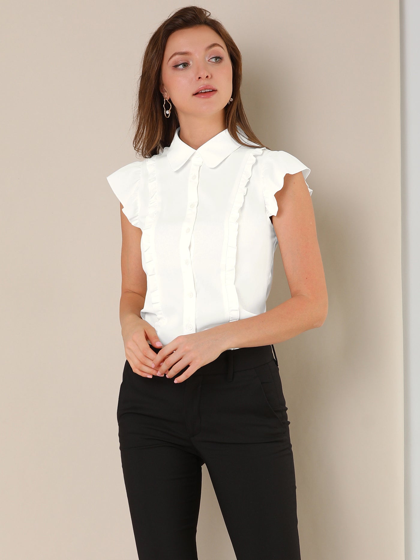 Allegra K Ruffle Cap Sleeve Tie Neck Button Up Peter Pan Collar Blouse