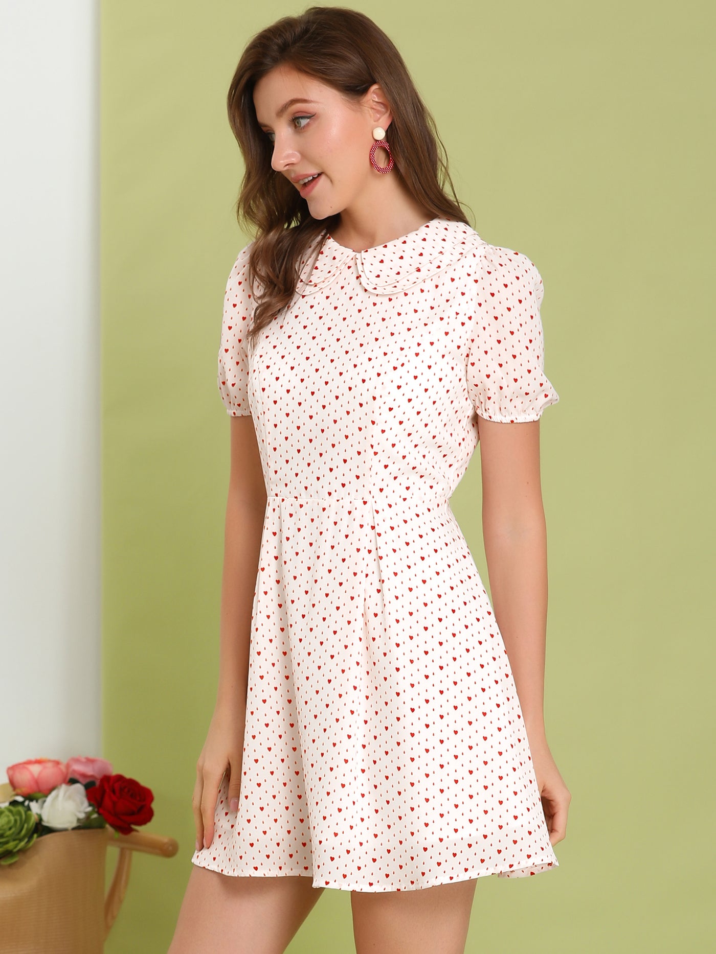 Allegra K Heart Print Short Sleeve A-Line Peter Pan Collar Mini Dress