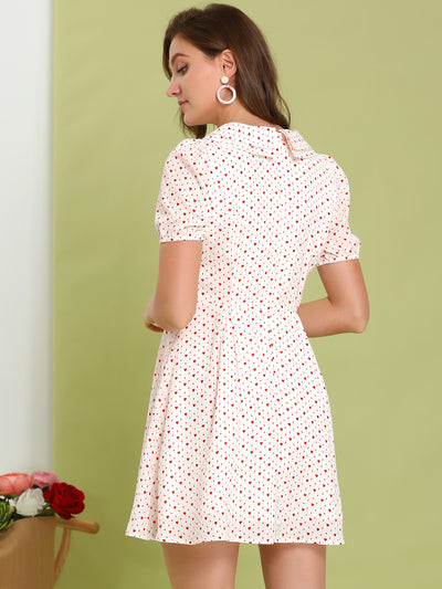 Heart Print Short Sleeve A-Line Peter Pan Collar Mini Dress