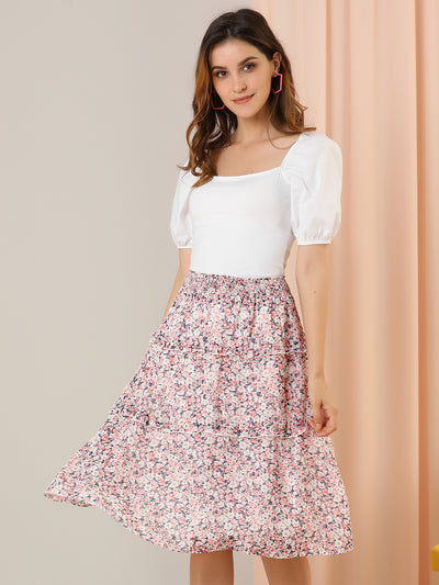 Floral Smocked Elastic Waist Knee Length Ruffle Tiered Skirt