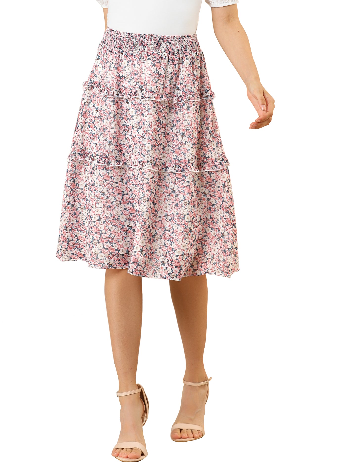 Allegra K Floral Smocked Elastic Waist Knee Length Ruffle Tiered Skirt