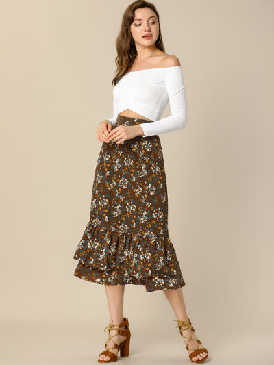 Printed Chiffon Elastic Waist Ruffle Tiered Flowy Midi Skirt