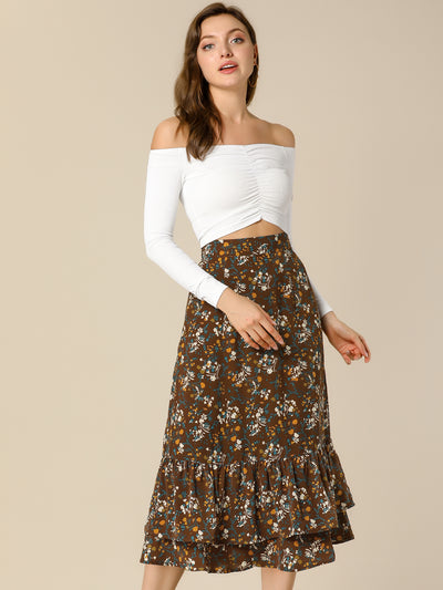 Printed Chiffon Elastic Waist Ruffle Tiered Flowy Midi Skirt