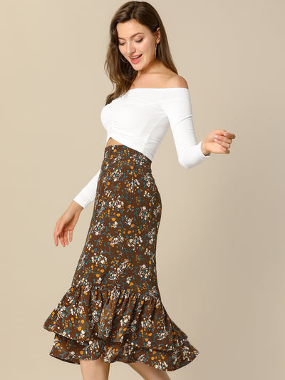 Printed Chiffon Elastic Waist Ruffle Tiered Flowy Midi Skirt