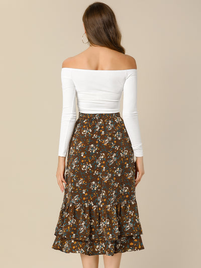 Printed Chiffon Elastic Waist Ruffle Tiered Flowy Midi Skirt