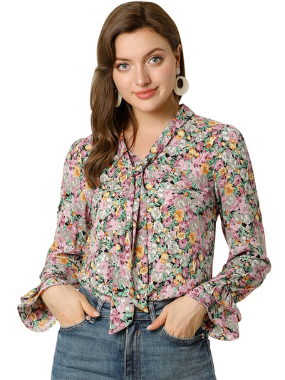 Valentine's Day Floral Tie V Neck Blouse Chiffon Ruffle Trumpet Top