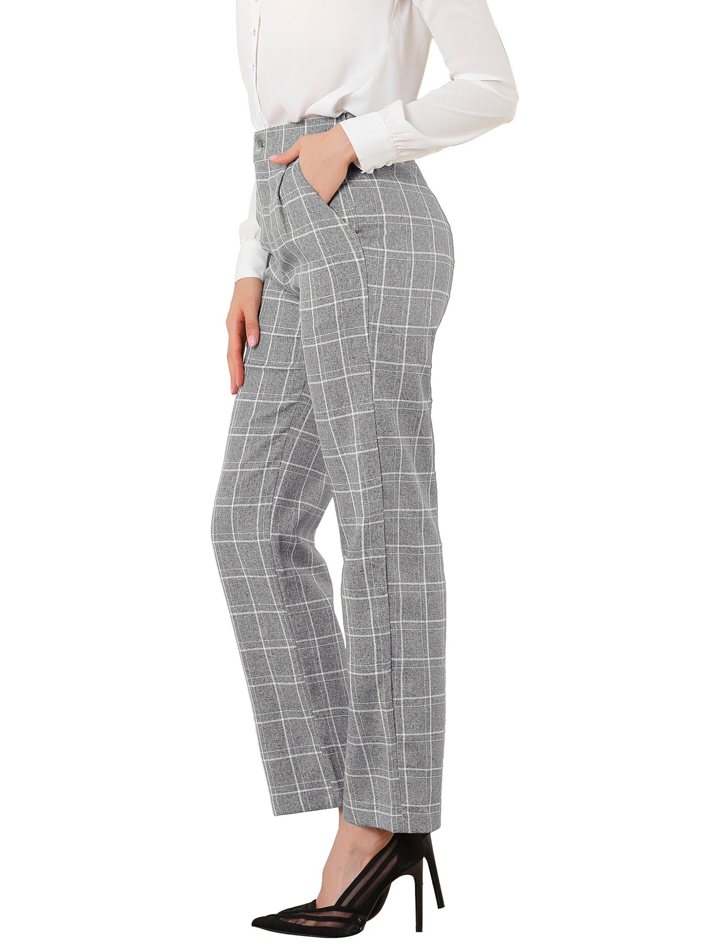 Allegra K Plaid Pants Elastic Waist Casual Work Office Long Trousers