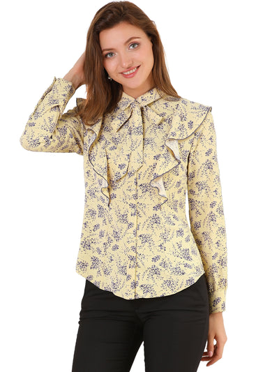 Ruffled Trim Floral Blouse Tie Neck Casual Office Shirt