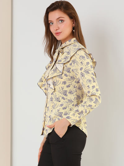 Ruffled Trim Floral Blouse Tie Neck Casual Office Shirt