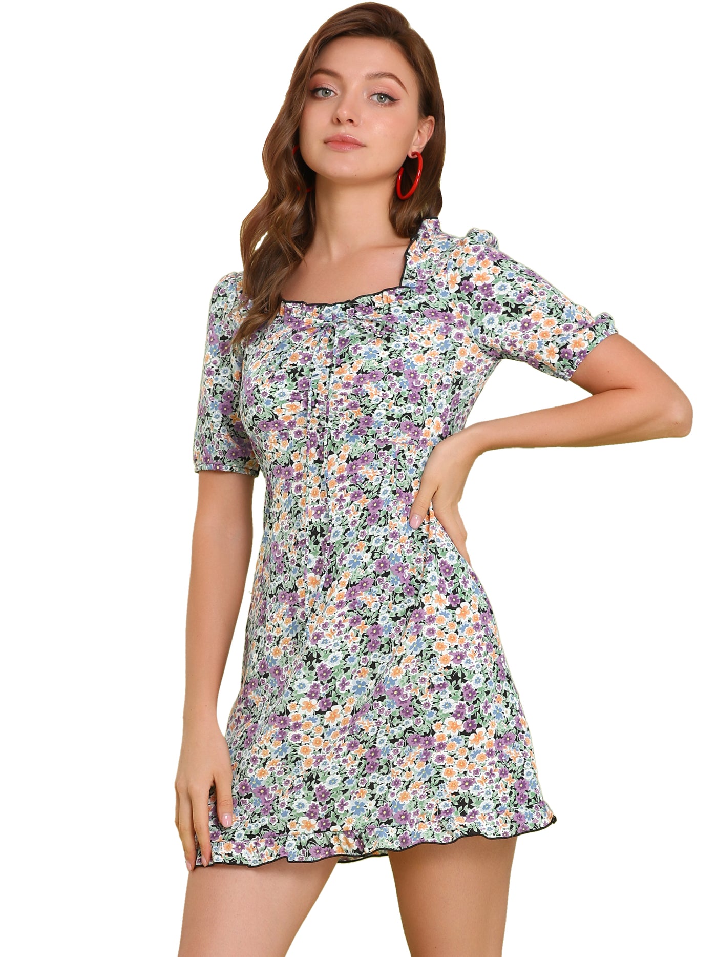 Allegra K Floral Ruffle Square Neck Short Sleeve Summer Mini Dress
