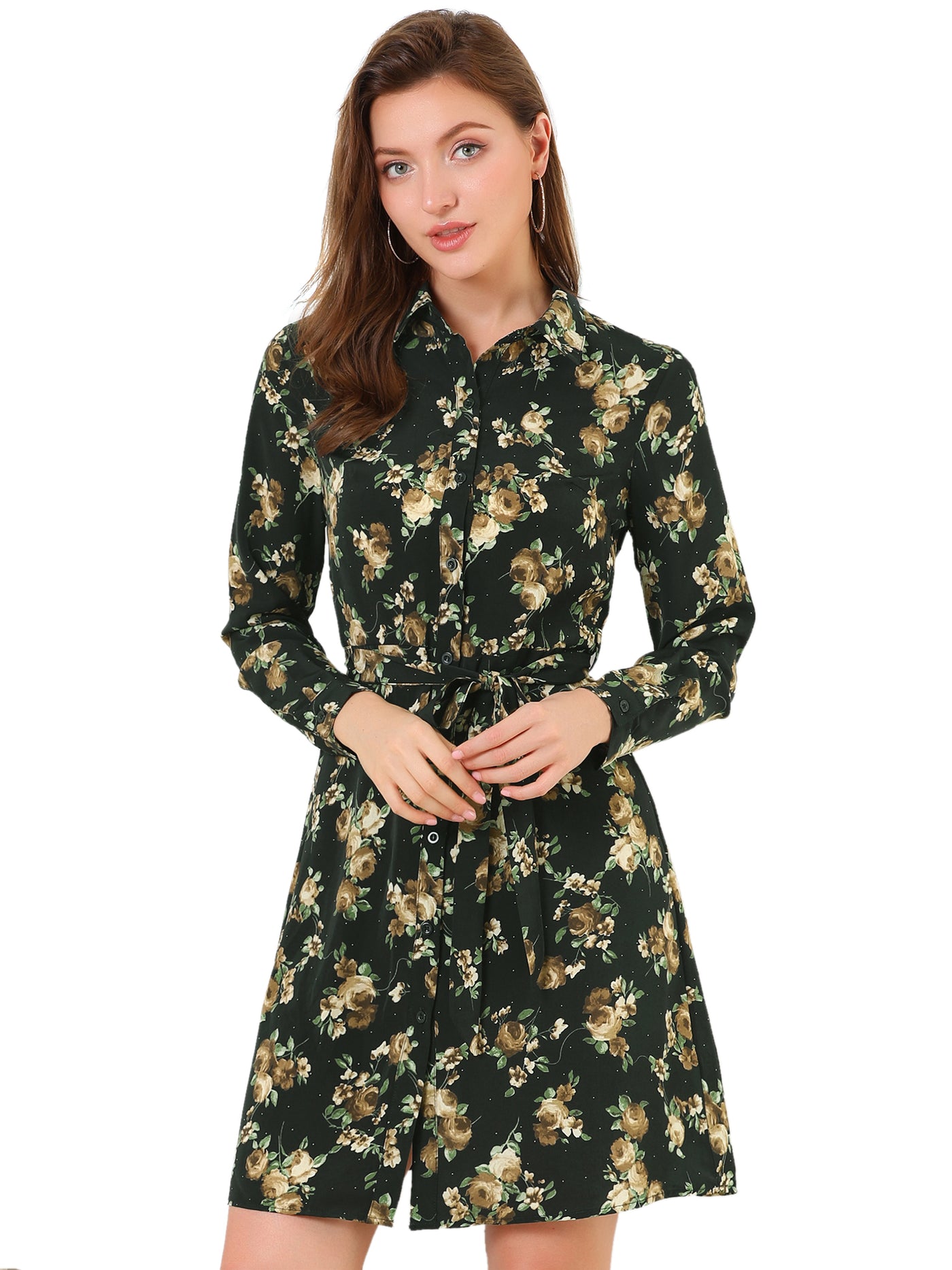 Allegra K Button Down Floral Collar Tie Belted Mini Shirt Dress