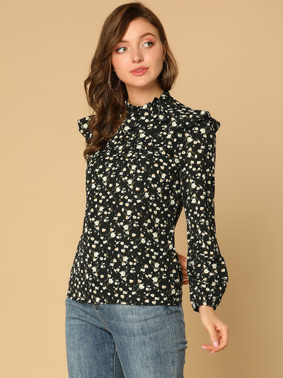 Bow Tie Neck Long Sleeve Floral Ruffled Blouse