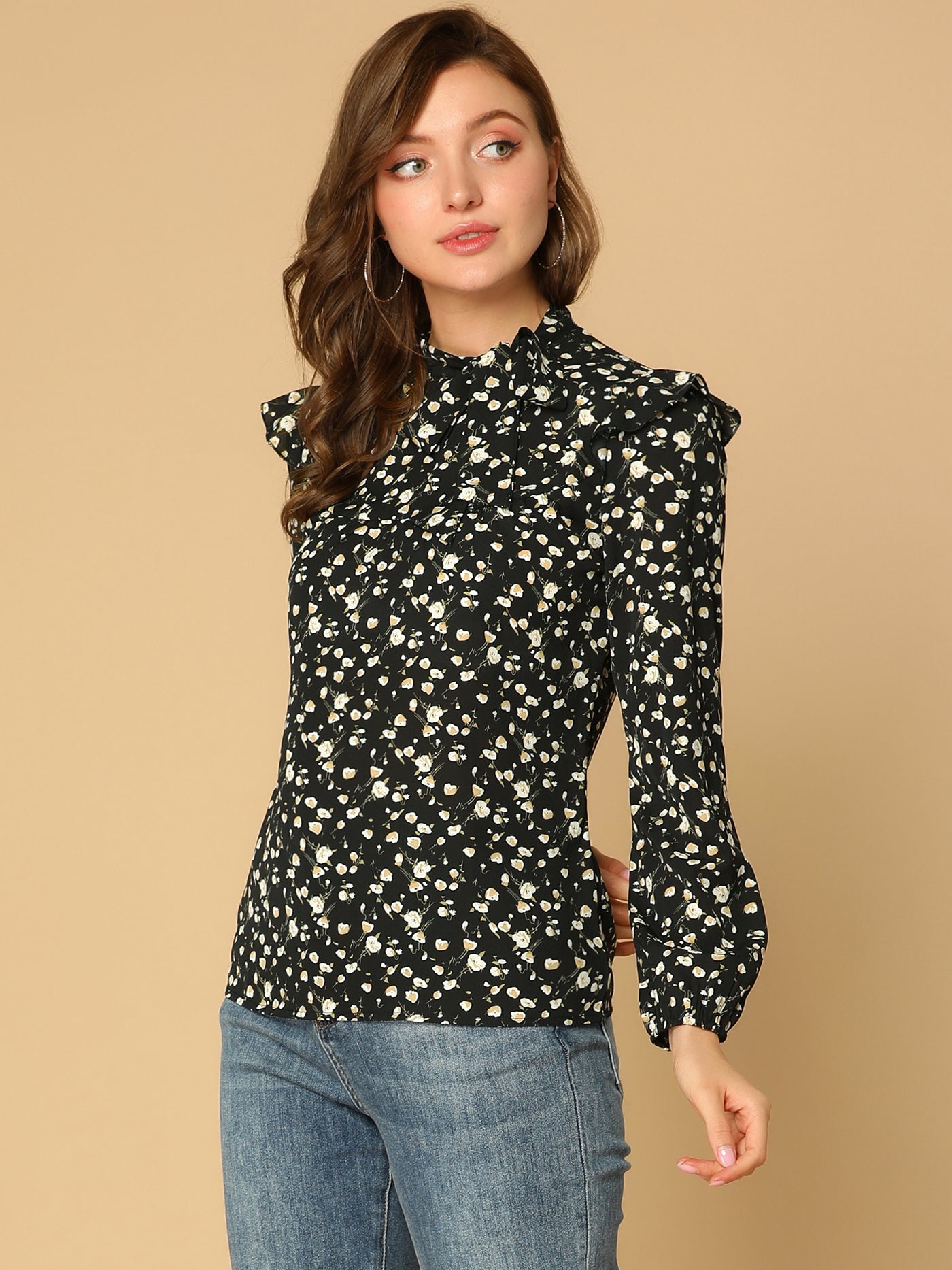 Allegra K Bow Tie Neck Long Sleeve Floral Ruffled Blouse